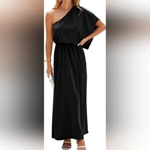 Elegant Maxi  Dress Navy Blue One-Shoulder Short Sleeve Size XL NWT